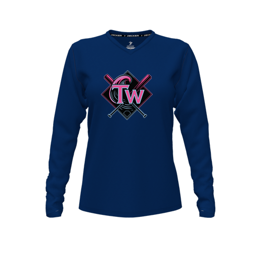 [CUS-DFW-TEES-CMF-VNK-LSL-NVY-FYXS-LOGO1] Decker Comfort T-Shirt (Female Youth XS, Navy, V Neck, Logo 1, Long Sleeve)