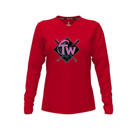 [FTLVCFRD-FYXS-LOGO1] Decker Comfort T-Shirt (Female Youth XS, Red, V Neck, Logo 1, Long Sleeve)