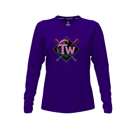 [FTLVCFPP-FYXS-LOGO1] Decker Comfort T-Shirt (Female Youth XS, Purple, V Neck, Logo 1, Long Sleeve)