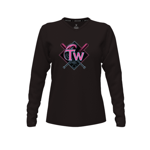 [CUS-DFW-TEES-PER-VNK-LSL-BLK-FYXS-LOGO1] Decker Performance T-Shirt (Female Youth XS, Black, V Neck, Logo 1, Long Sleeve)